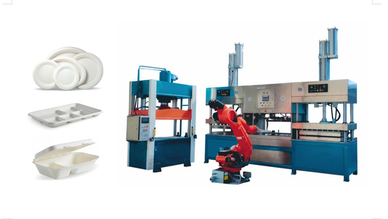 Máy làm khay đựng thực phẩm bằng sợi bã mía hoàn toàn tự động với robot 6 trục