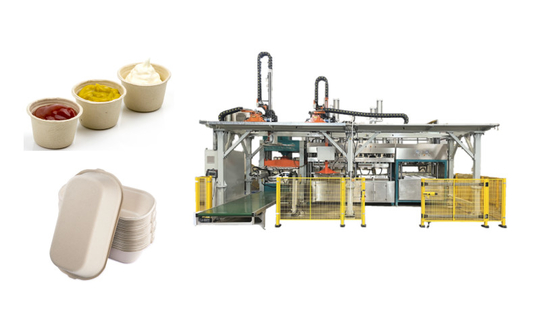 Dây chuyền sản xuất khay thức ăn nhanh Unbleach được đúc bằng giấy thông minh với cánh tay robot đi đôi