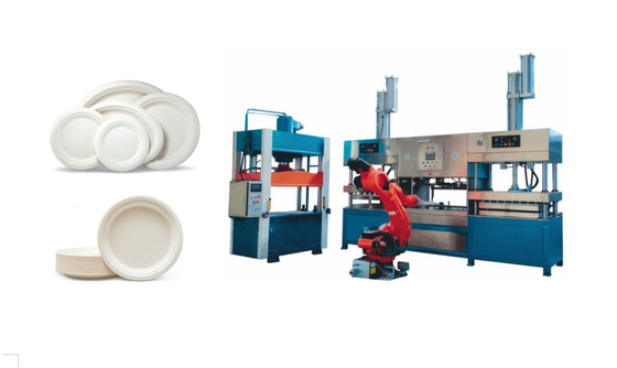 Dây chuyền sản xuất bộ đồ ăn bằng rơm rạ lúa mì với robot nhiều khớp và máy xếp chồng