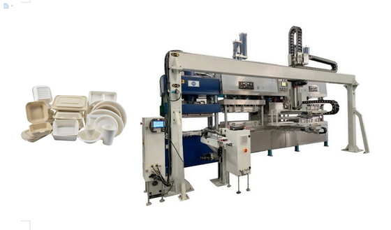 Dây chuyền sản xuất bộ đồ ăn bột giấy hoàn toàn tự động với cánh tay robot đi bộ ngang